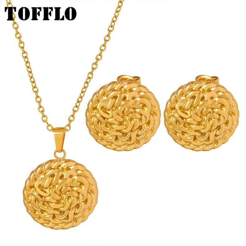 TOFFLO Stainless Steel Jewelry Geometric Chain Wrapped Round Label Simple Necklace Fashion Earring Set BSP1543