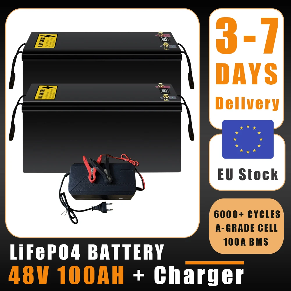 

48V 100Ah LiFePO4 Battery EU Stock For Solar Household Storage Golf Cart RV Boat With Charger