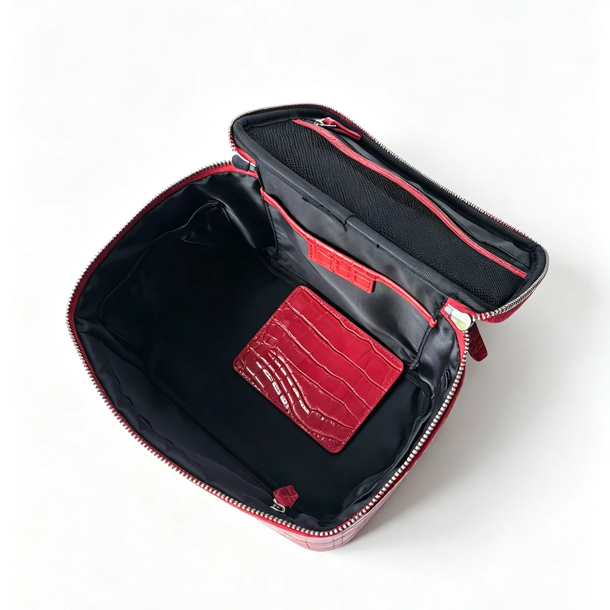 Hochwertige Damen-Kosmetiktasche aus Rindsleder mit Krokodilprägung, Reise-Set mit integriertem Spiegel, große Kosmetiktasche – Detail 18