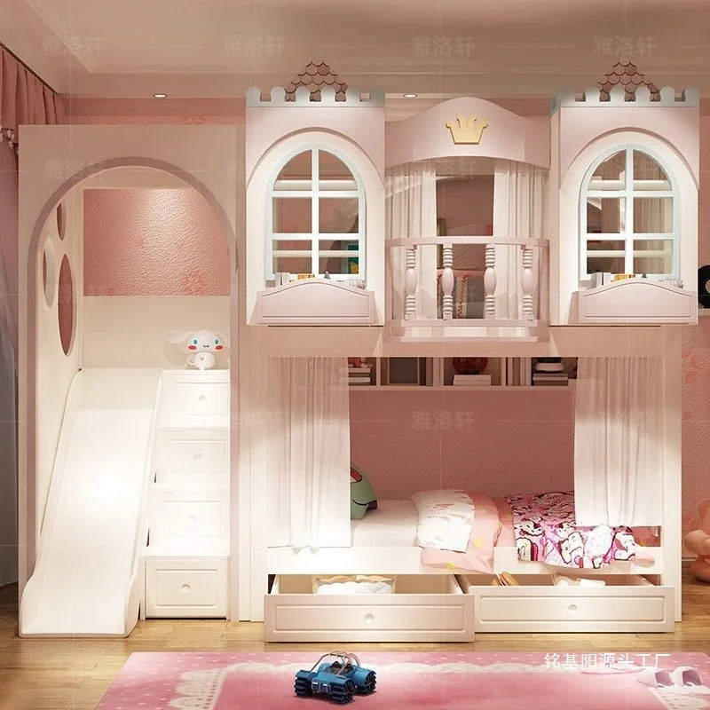 

Full solid wood children's bed princess castle bed girl tree house high and low child and mother bed with arch