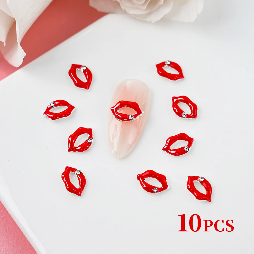 10 Stuks Rood/Roze Luxe Lippen 3d Nail Charmes Romantische Valentijnsdag Charmante Rode Lippen Met Luxe Diamanten Manicure Lippen & * &