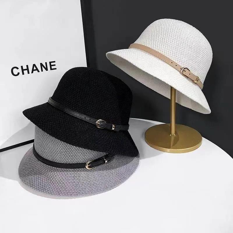 women\'s hat bucket hat foldable basin hat vintage bucket straw hat beach summer belt buckle small-brimmed sunhat sun protection