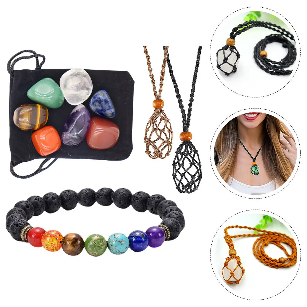 

1Set Yoga Stone Bracelet Set Retro Braided Necklace Pendant Holder DIY Necklace Stone Cage Replacement Rope Handwoven Crystal