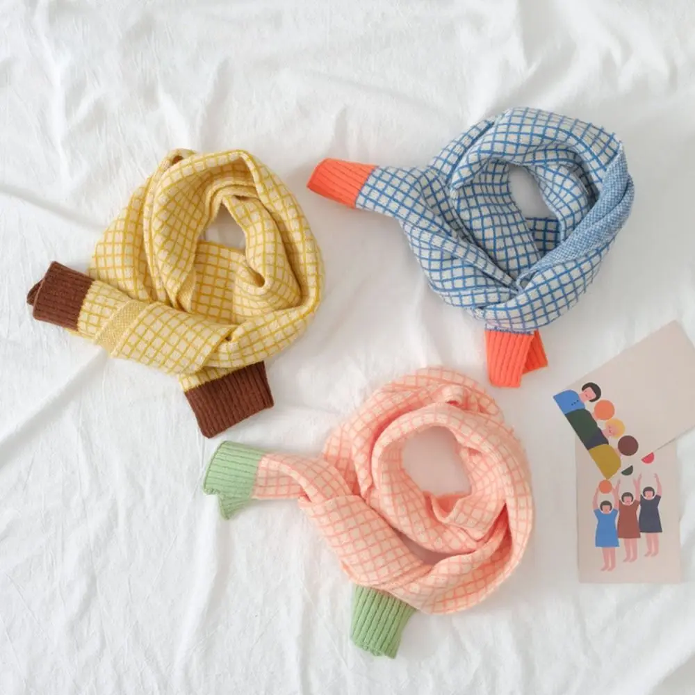 Plaid Pattern Knitted Wool Scarf Thicken Warm Winter Outdoor Children Neck Warmer Windproof Thermal Boys Girls Scarf
