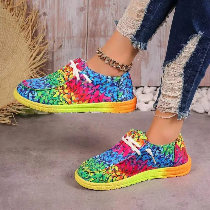 Women Fashion Vulcanized Sneakers Feamle Platform Graffiti Flat Canvas Shoes Casual Breathable Lace-up Ladies Walking Sneakers