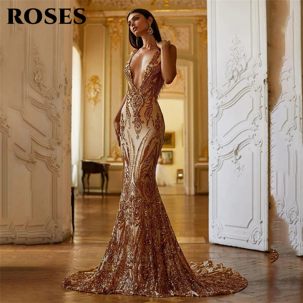 ROSES-Robe de Soirée Sirène en Dentelle Pailletée, Col en V Plongeant, Sexy, Dos aux, Balayage Traîne