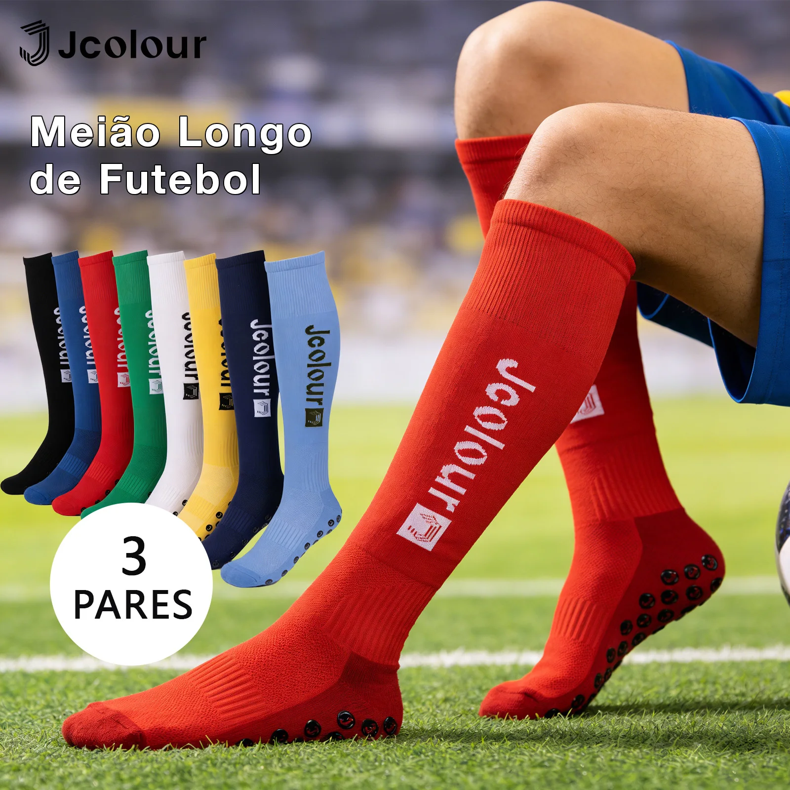 Meiãs futebol longas, Antiderrapante silicone em formato circular, Meias cano alto, Meia poliamida corrida, joelheira