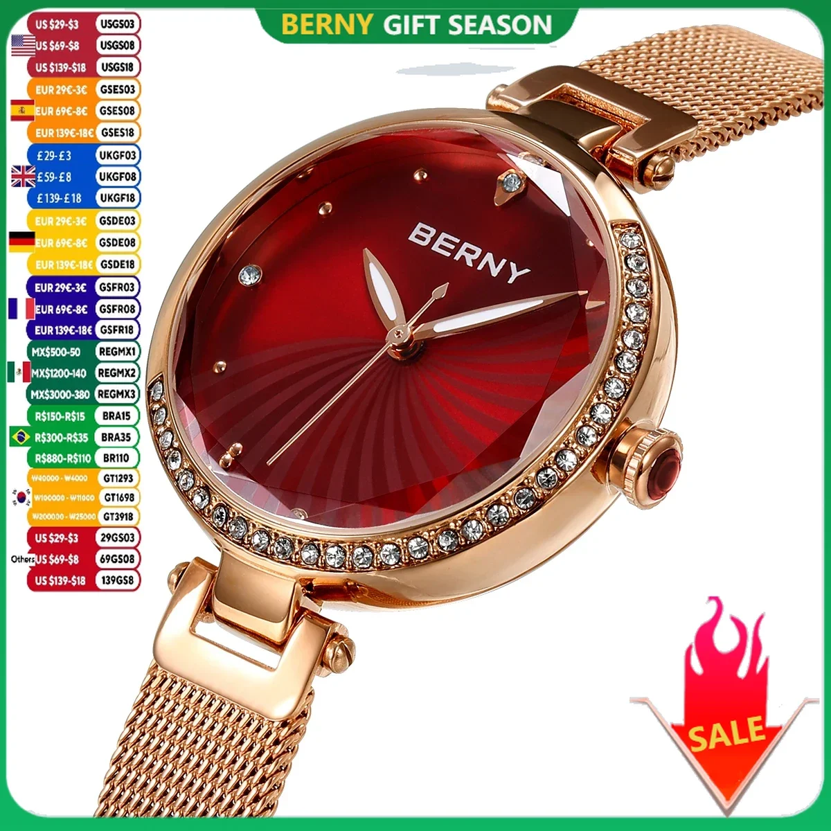 BERNY Watch for Women Elegant Diamond Luxury Brand Woman Watches Adjustable S/S Strap Luminous Small Ladies Wristwatch