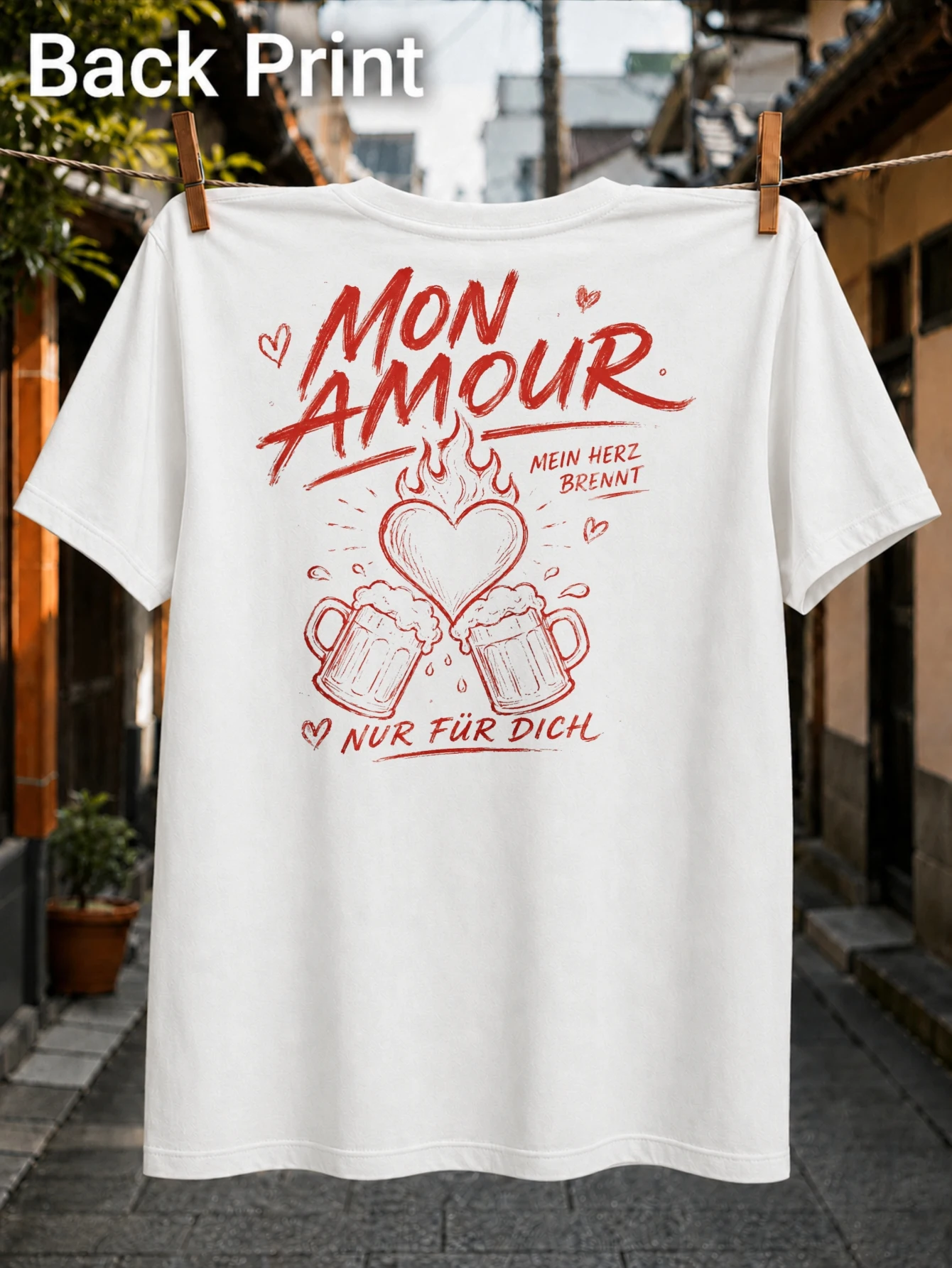 Mon Amour Mein Herz Brennt Nur Fur Dich lettering with flaming heart beer and red chalk sketch  Unisex All T-Shirt