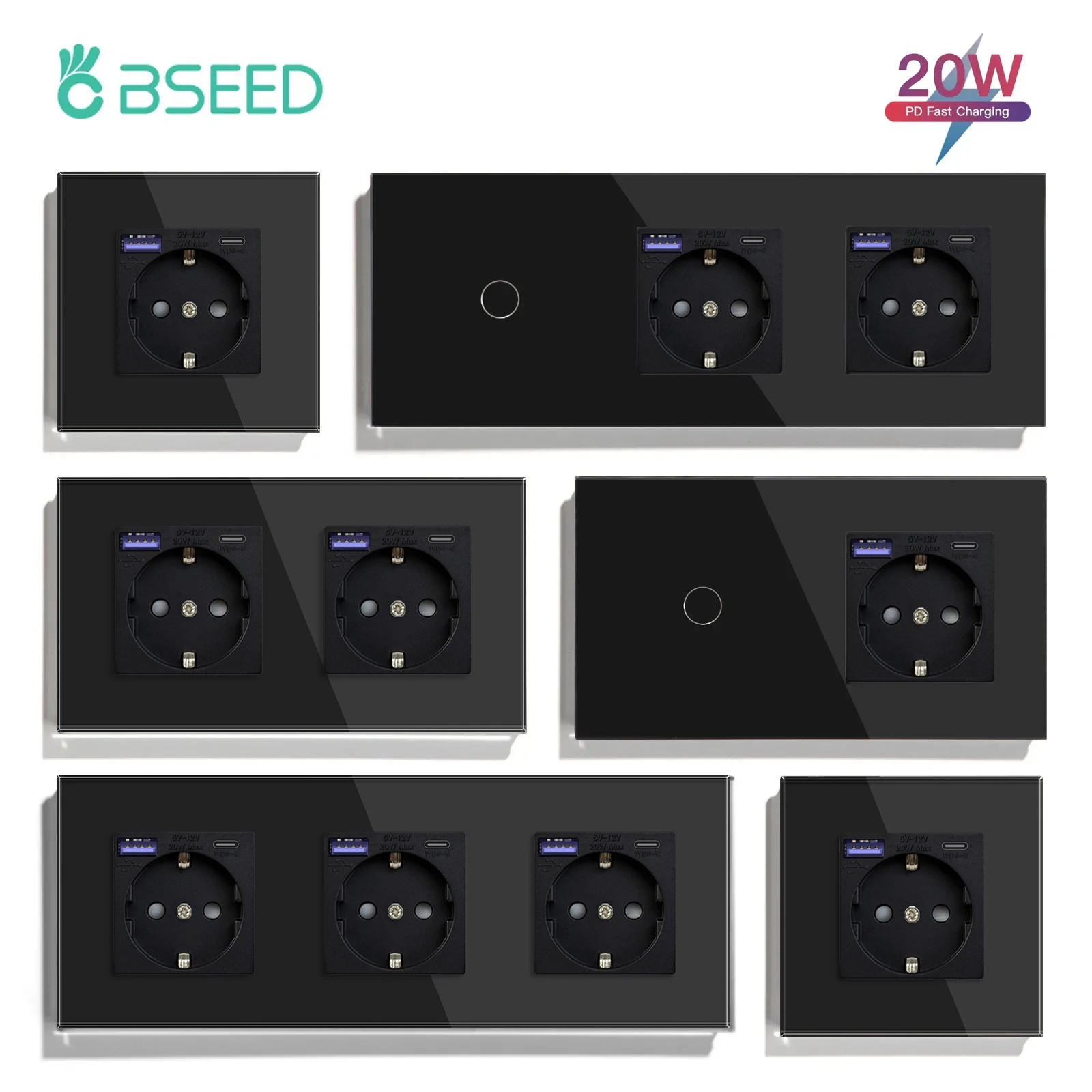 BSEED Touch Switch With Double EU Sockets Fast Charge 20W Wall Light Switch 1/2/3Gang 1Way Glass Backlight USB Phone Wall Socket