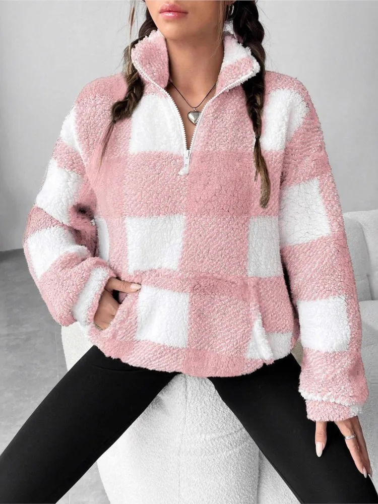 

2025 Casual Lattice Plush Simple Style Simple Style Loose All-match All-match Homewear Pullover Contrast Comfortable Commuting