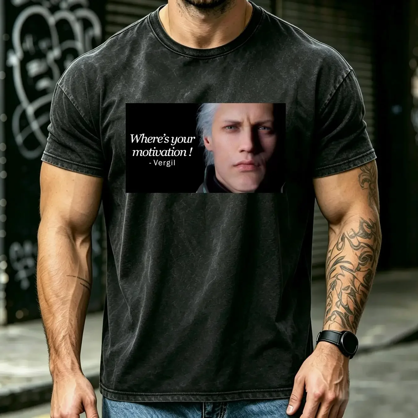 washed T Shirt Vergil Where's your motivation DMC 5 Devil May C meme Gaming funny vintage Washed Comfortable