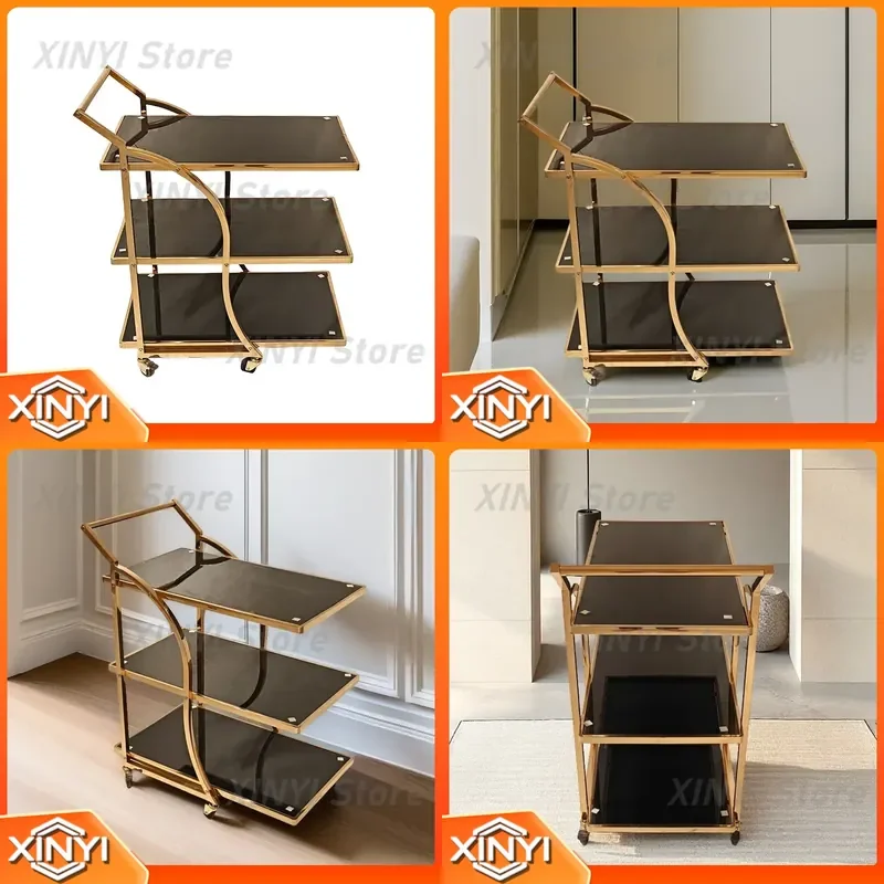 For Hotel Dining Car Three-Layer Hand-Push Mobile Snack Service Cart Stainless Steel Light Luxury Dining Trolley for Foreign