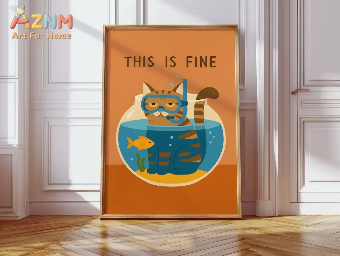 AZNM This Is Fine Diving Cat In Fishbowl Canvas Wall Art Funny Tabby Cat With Snorkel Frameless Print Poster for Home Decor