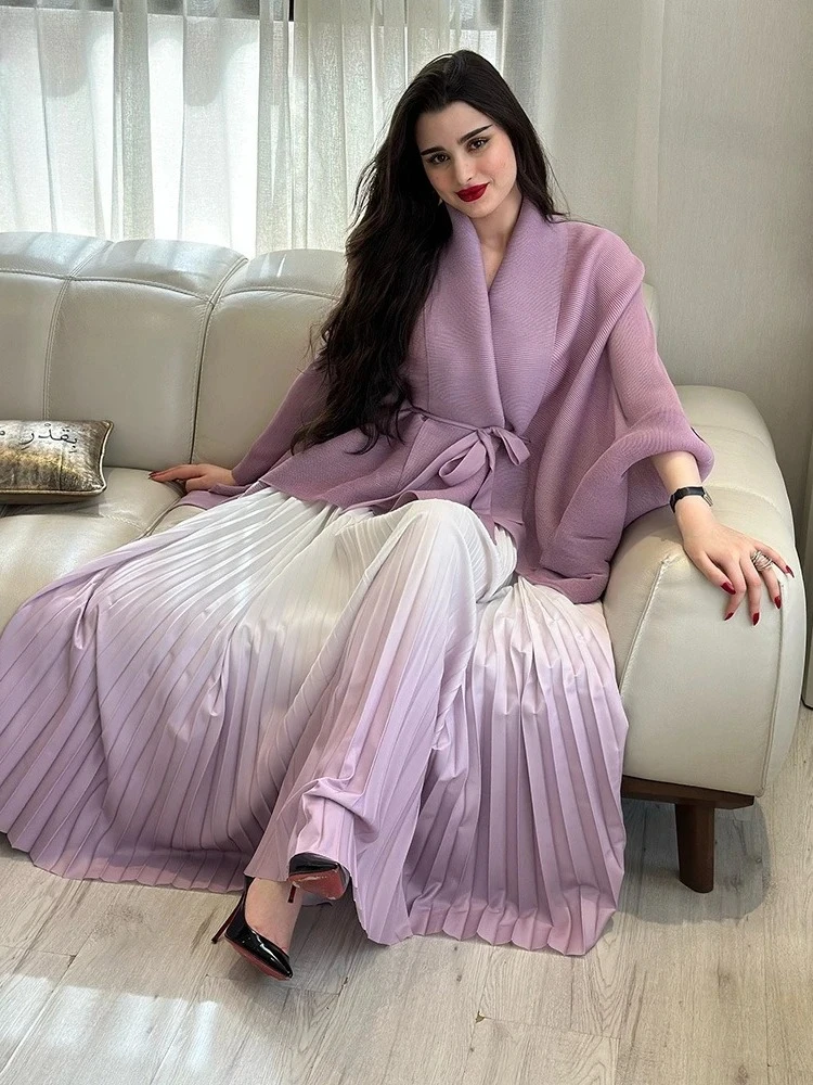 2026 New Gradient Women's Pleated Set Full Sleeve Belt Blouse Shirt + Folds A-line Long Skirts Suit Street Two Piece Sets