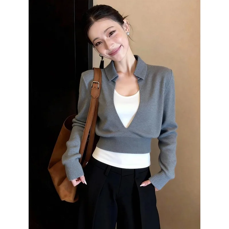 American Fashion High Sense Exquisite Good-looking Fake Two-piece Top Women's 2026 Spring New Slim and Thin Wear Trendy