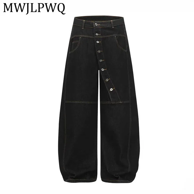 

MWJLPWQ Stylish Multi-Button Wide-Leg Jeans For Men Niche Vintage Loose Casual Pants Unisex Spring Autumn Denim Trousers 14589