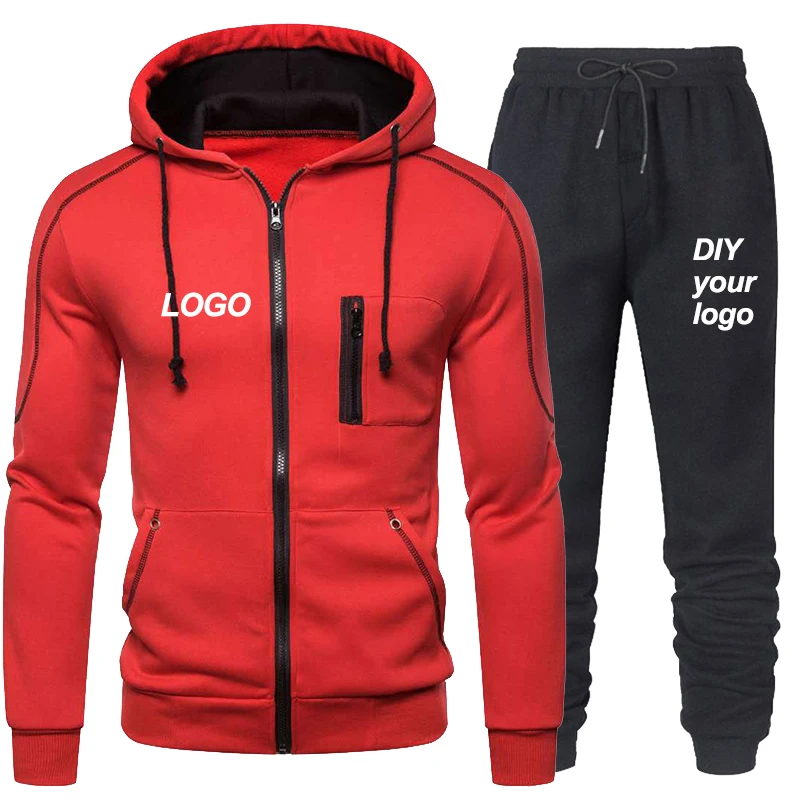 DIY customizes your logo men's sportswear zipper hooded sweatshirt sweatshirt sweatpants casual fitness jogging two-piece set