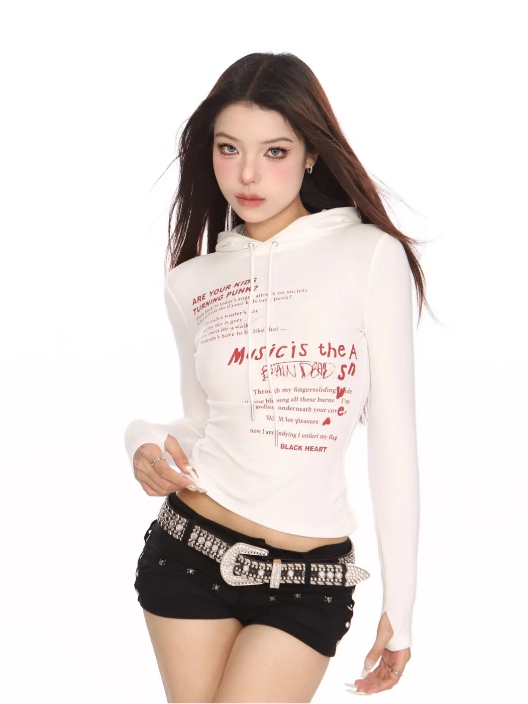 Camiseta feminina de manga comprida com capuz na frente do ombro, blusa justa, camisa baixa, estilo novo, outono