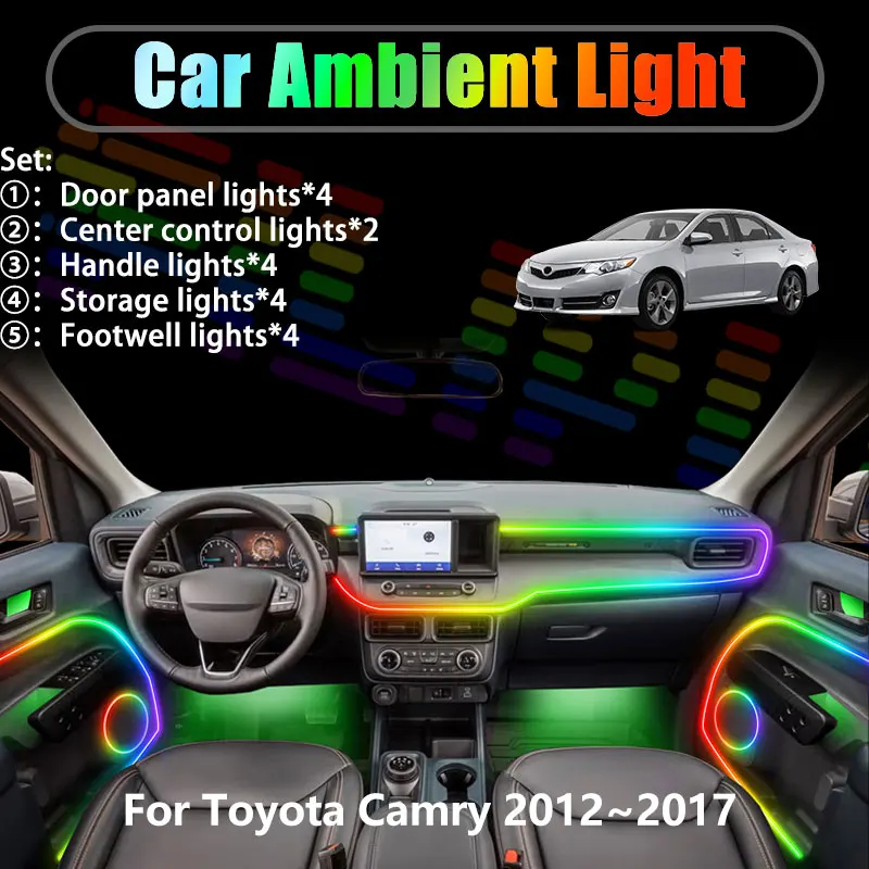 

Для Toyota Camry 2012~2017 MK7 XV50 2013 2/18 в комплекте: светодиодная подсветка салона, светодиодная подсветка багажника, USB RGB-подсветка, комплект Streamer.