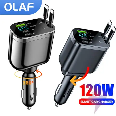 5 IN 1 차량용 충전기 어댑터 iPhone 16 15 14 13 12 Samsung 용 개폐식 유형 C 코드가있는 고속 충전 USB 유형 C 차량용 충전기