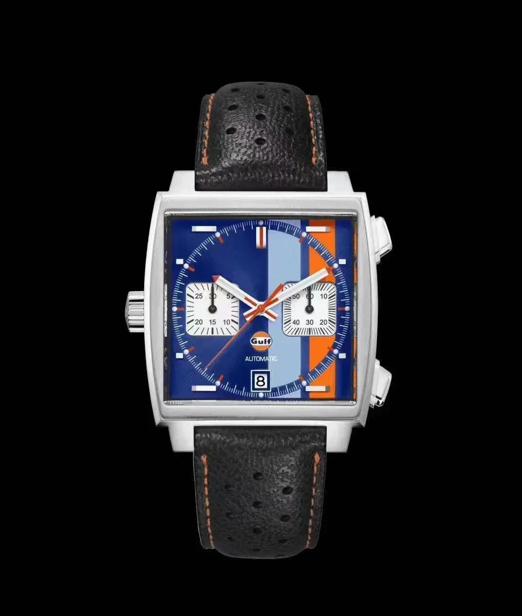 Luxury New Mens Quartz Chronograph Watch Stainless Steel Black Blue Leather Gulf Square CAW211R Sapphire Glass Watches