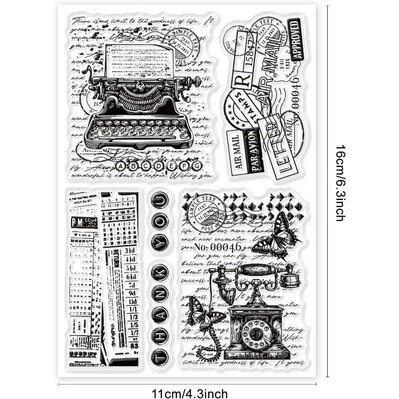 1Sheet Retro Typewriter Background Clear Stamps for Cards Making Vintage Telephone Background Silicone Clear Stamp Seals