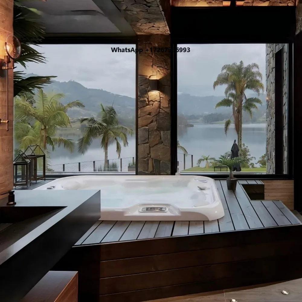 Double-person Smart Acrylic Large Pool Hot Tub with Bubble & Surf Massage Freestanding Luxury Deep-Soak Spa Bathtub