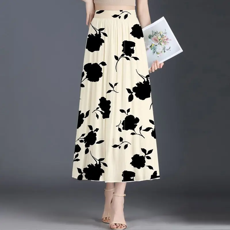 

Women's Clothing Spring Summer Office Lady High Waist Chiffon Plant&Flowers Printing Geometric Ball Gown Elegant Knee Skirts