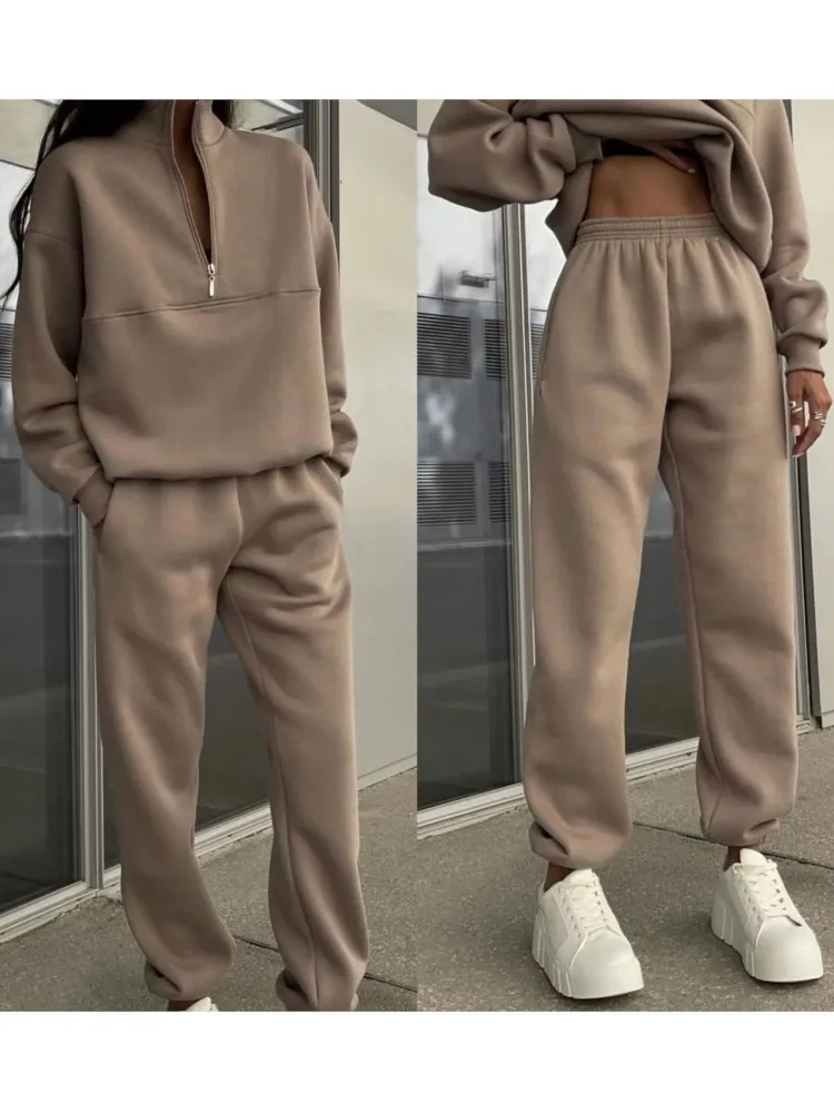 Athleisure Two Piece Set For Woman Versatile Solid Color Casual Stand Up Collar Zipper Sportswear Hoodie High Waisted Pants Set