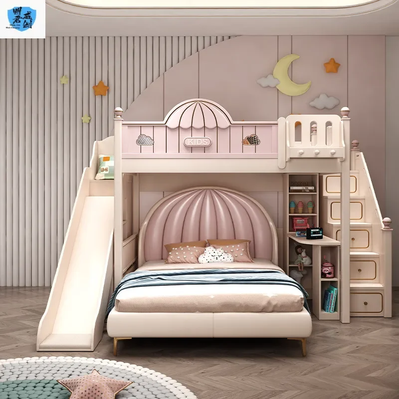 Pink Princess Style Staggered Bunk Bed Double Deck Childrens Beds Mother Child Dislocation Upper Lower Bed Frame