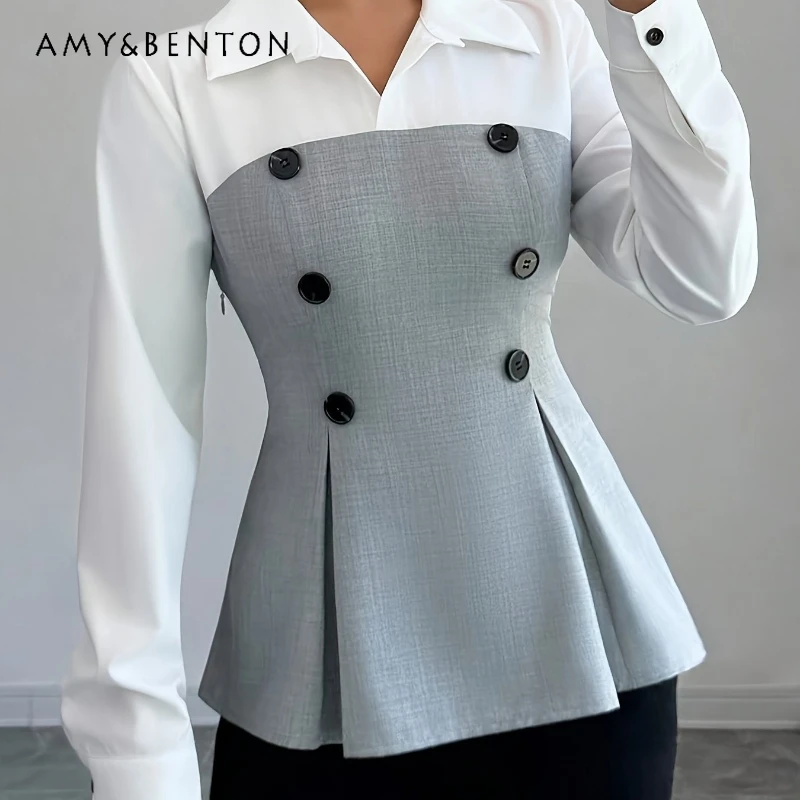 

European American Elegant Long Sleeve Splicing Women's Shirt 2026 Spring New Slimming Versatile Double-Breasted Shirts Ladies