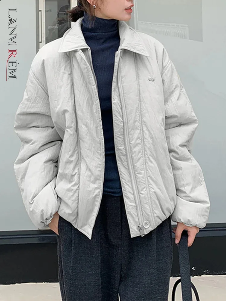 

[LANMREM] Minimalism Cotton Padded Coats For Women Lapel Zipper Cardigan Long Sleeve Fit Outwear 2024 Winter New 26C1438
