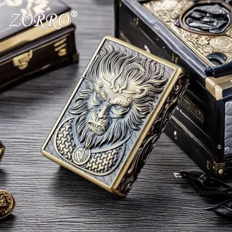 ZORRO Retro Chinese Style Metal Kerosene Grinding Wheel Lighter 3D Three-dimensional Double-sided Relief Cigarette Lighter Gift