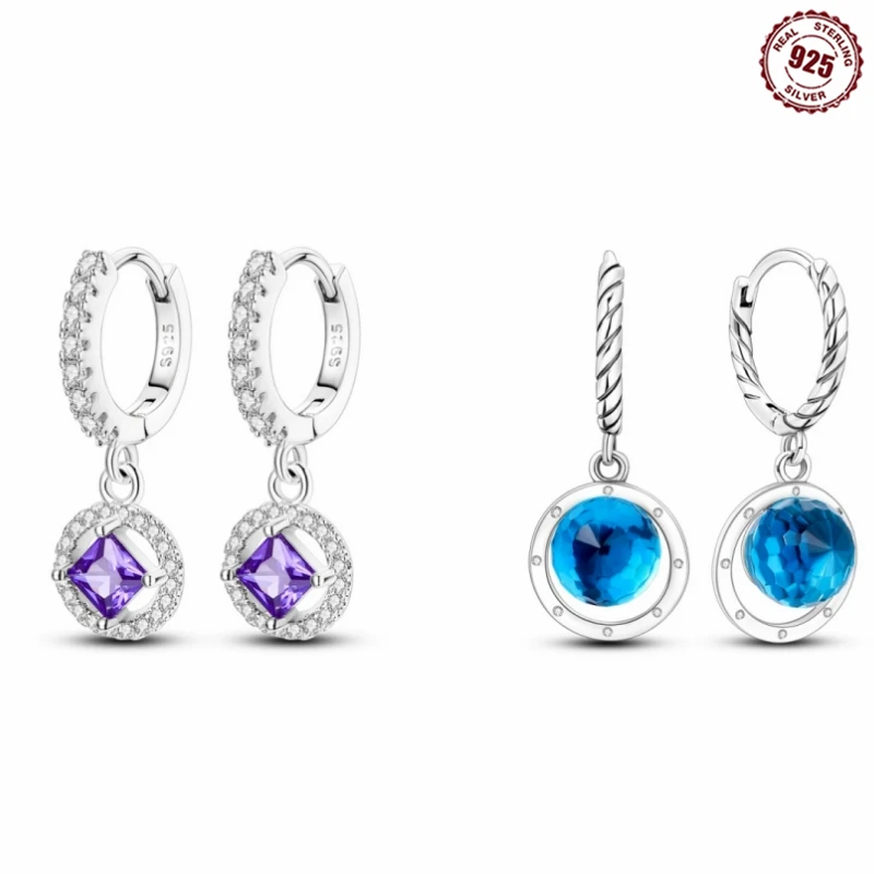 Sterling Silver S925 Purple Princess Square Zircon Earrings And Eardrop Simple Fine Jewelry Women Girls Fashion Party Gift 2024