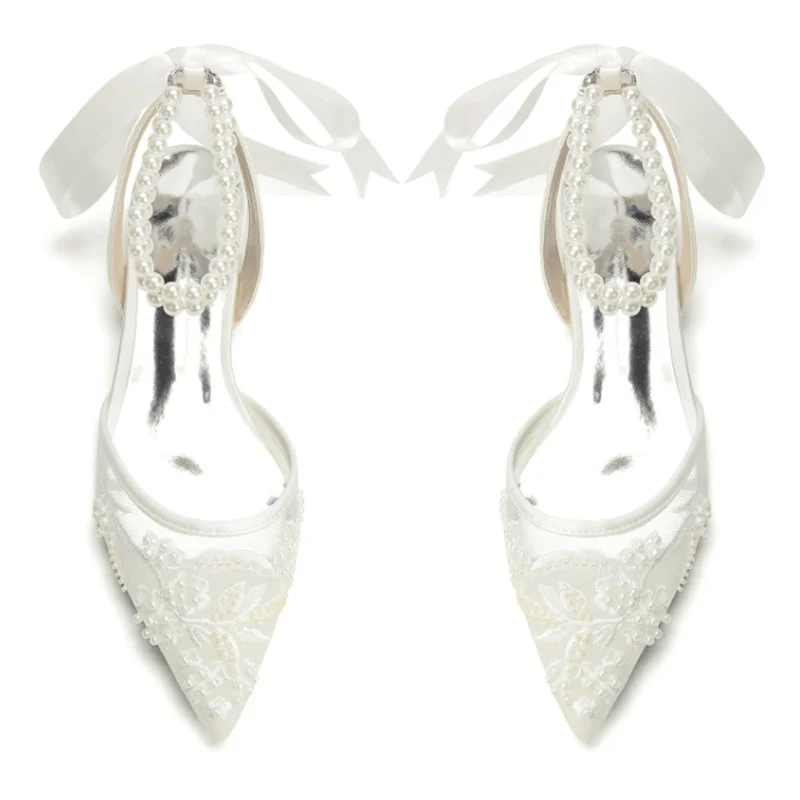 Newest White Pearl Ankle Strap Women Flat Shoes White Blue Beige Lace Floral Satin Ribbon Lace-up Pointed Toe Ballet Shoes