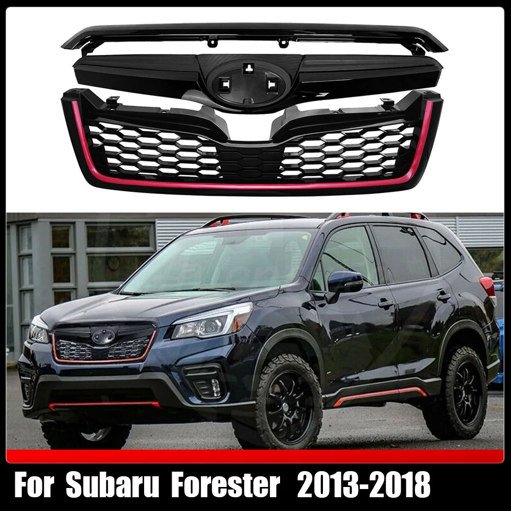 For Subaru Forester 2013-2018 GLoss Black W. Red Strip ABS Sti Style Front Grill Mesh Kit Upper Bumper Grille Racing Grills