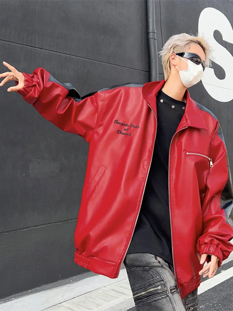 

Red Motorcycle PU Leather Jaet Men's Spring Autumn Trendy Hip Hop American High Street Pilot Leather Jaet Cool Haome