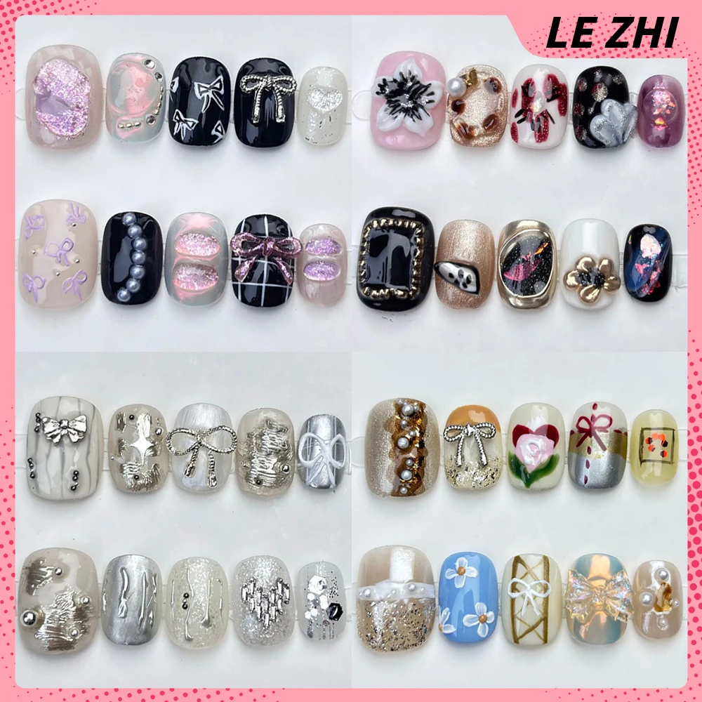 

Spicy Girl Short Square Round Reusable False Nail Sweet Cool Bowknot Pearl Flowers Handmade Press On Nails Birthday Present