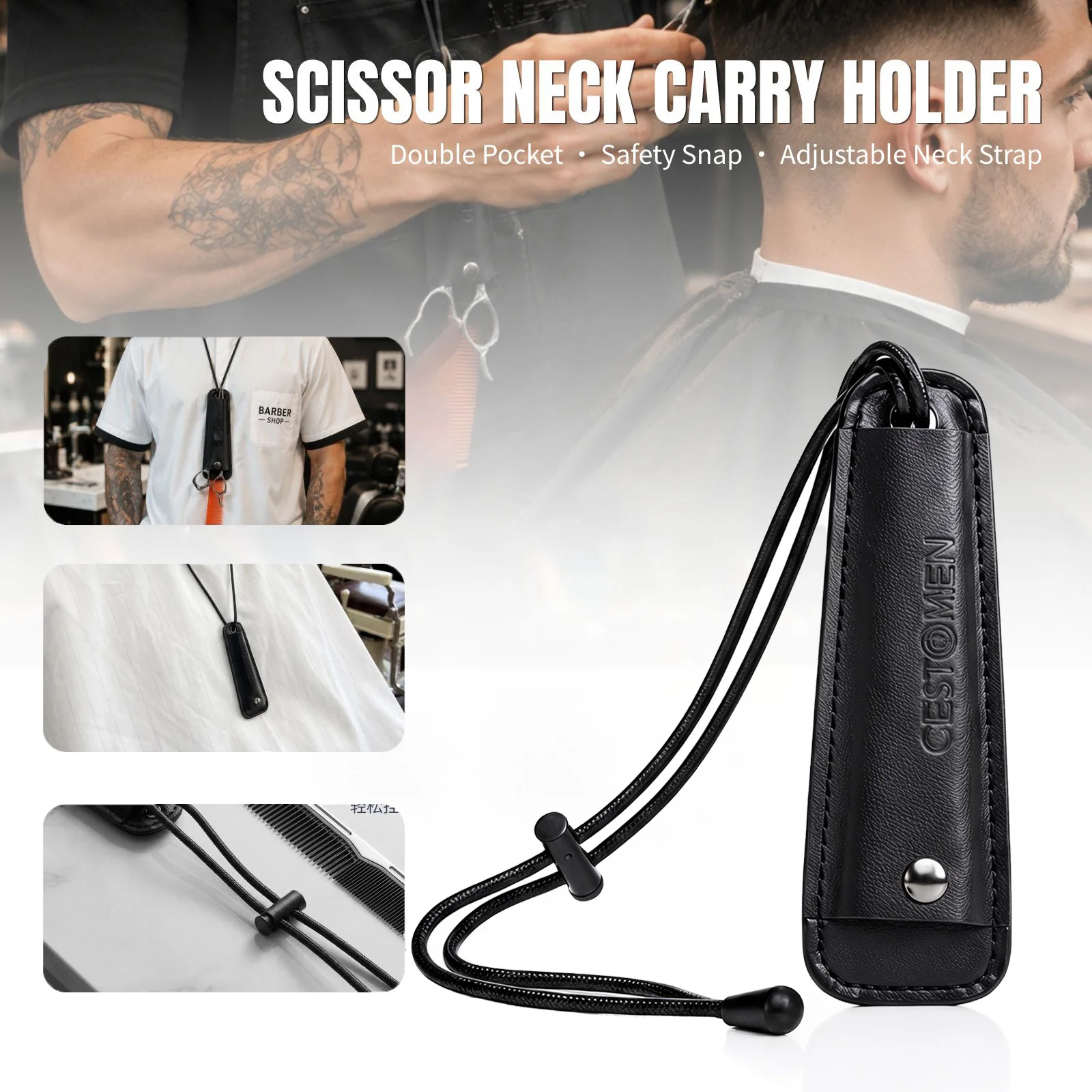 CESTOMEN Leather Barber Scissors Hanging Neck Storage Pendant Adjustable Neck Strap Salon Portable Comb Tool Dual Pocket Storage