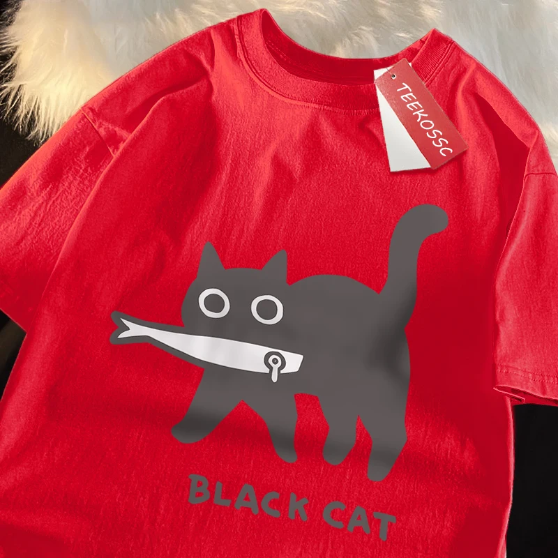 Asian Size Fun A Black Cat Eating Fish Japanese Style Men Women T-Shirt Fashion Print T Shirt Oversize T-Shirts Cotton Clothes
