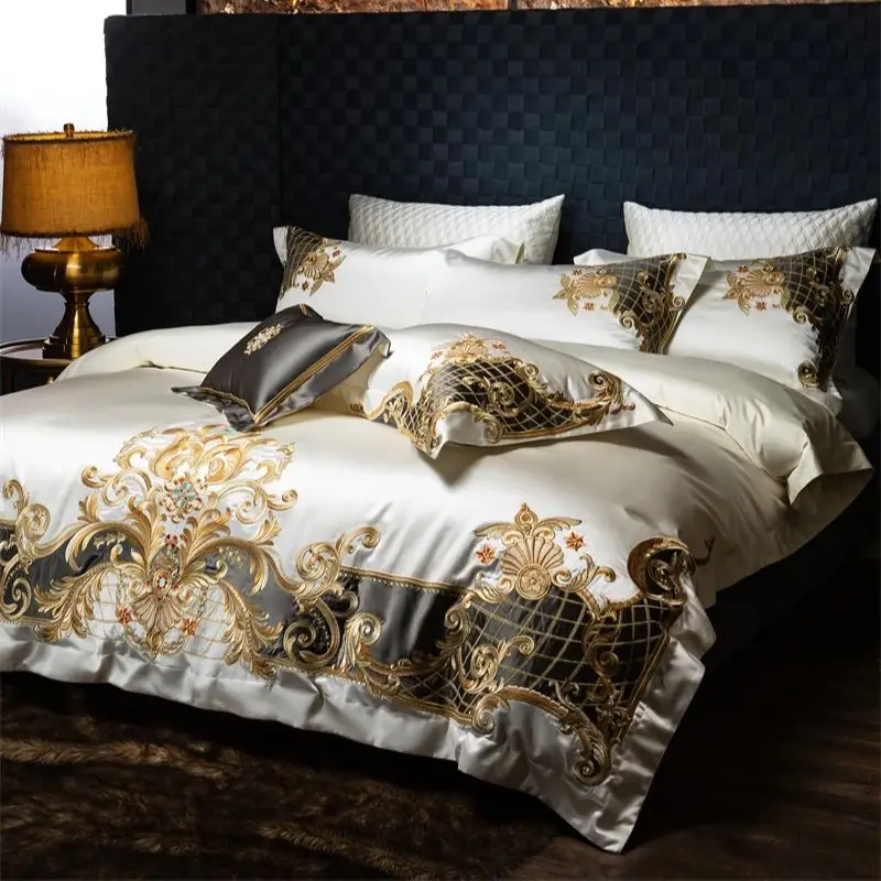 4/6/7Pcs European Luxury Gold Embroidery Satin 1000TC Egyptian Cotton Bedding Set Soft Silky Duvet Cover Bed Sheet Pillowcases