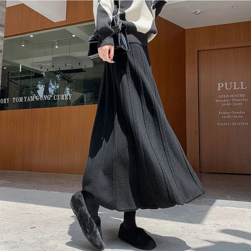 Women Autumn Winter Cable Knit Maxi Skirt High Waist A Line Swing Skirt Soft Thick Long Skirt