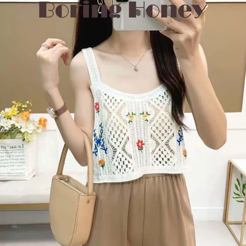 Boring Honey Short Hollow Out All-Match Floral Embroidered Vest Women's Summer Retro Layered Elegant Youthful Knitted Crop Top