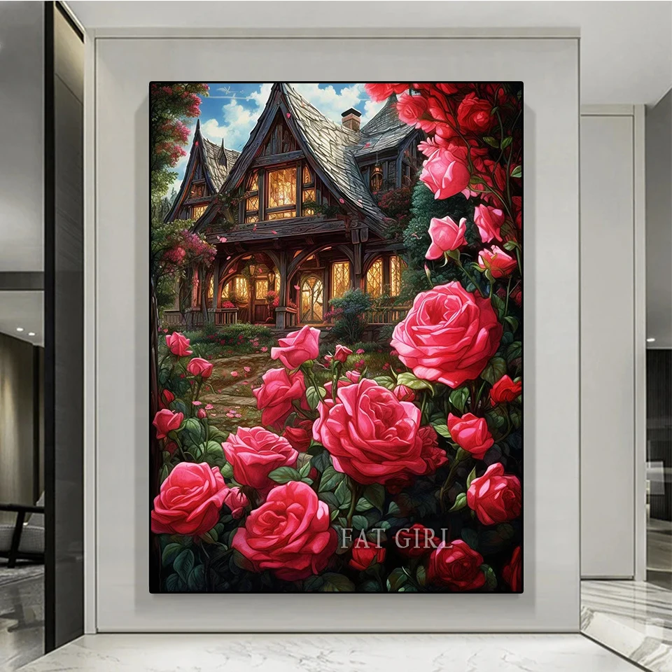 Kit de pintura de diamante 5D, Manor Rosa, cuadrado completo, redondo, Diy, bordado de diamantes, mosaico, paisaje de Castillo, decoración del hogar hecha a mano B21