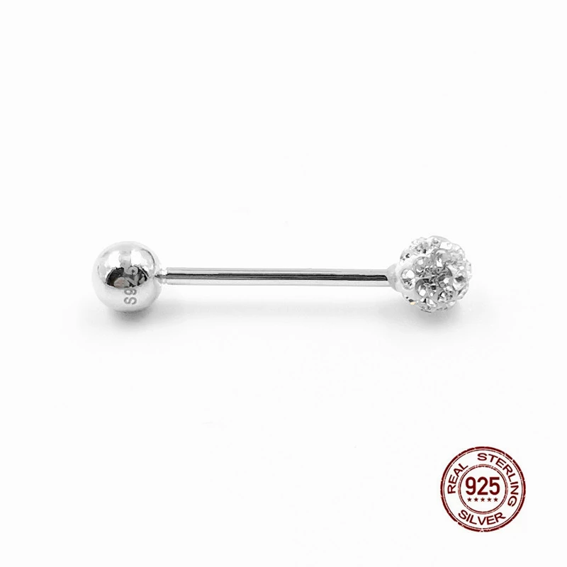 Shiny Zircon Ball Tongue Ring Nipple Piercing Ear Cartilage Piercing 925 Sterling Silver Lip Studs Labret Body Jewelry