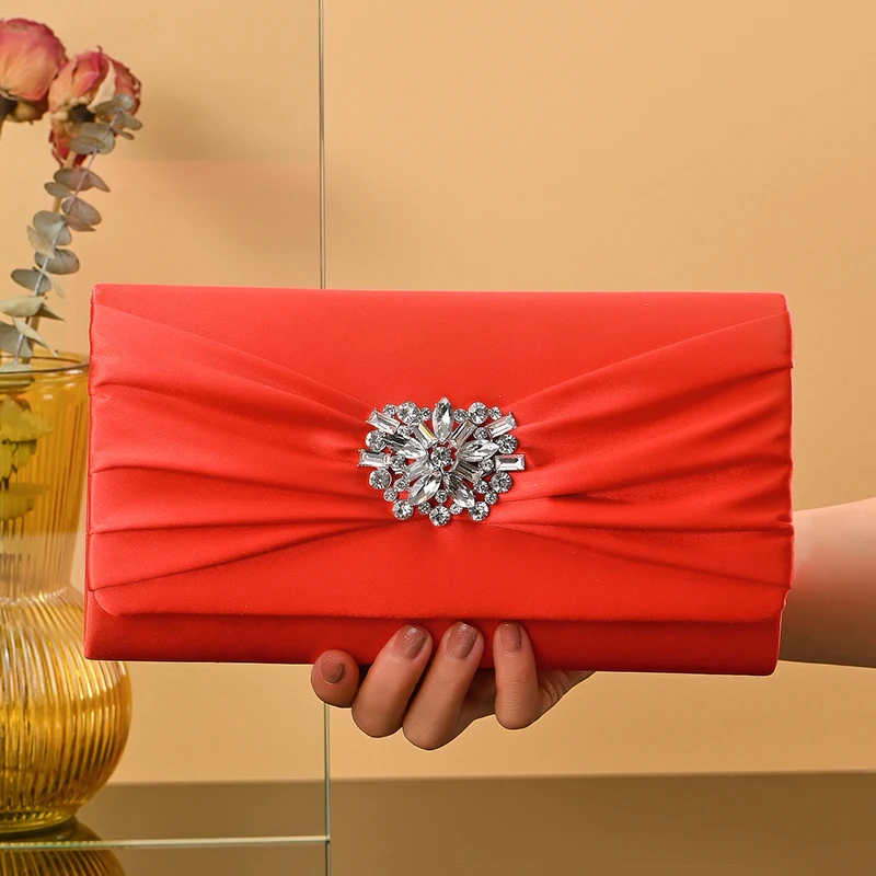 Classical Satin Elegant wedding Evening Bag Luxury Bridal Clutch bag Elegant Ladies Rhinestone Buckle Envelop Bag For Women