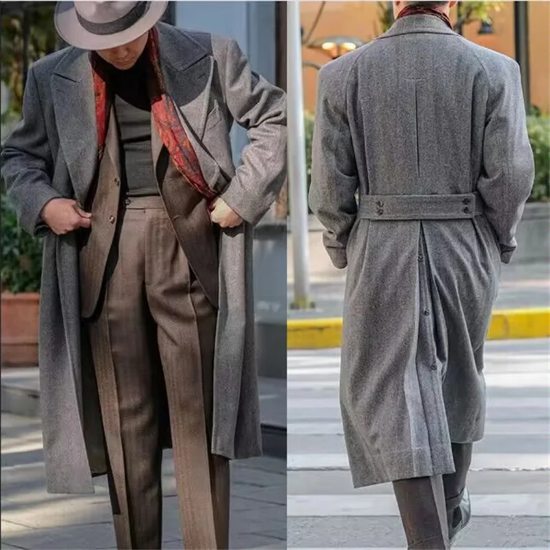 Grigio a spina di pesce lungo uomo soprabito uomo giacca spessa formale doppio petto cappotto invernale giacca maschile su misura Kingcoat