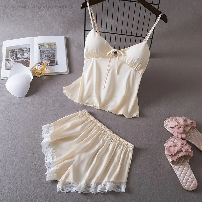 

Сексуальная кружевная майка с бантом и шорты, пижамный костюм, пижамный комплект на подтяжках, одежда для сна, нижнее белье, новинка лета, женская шелковая атласная домашняя одежда, домашняя одежда