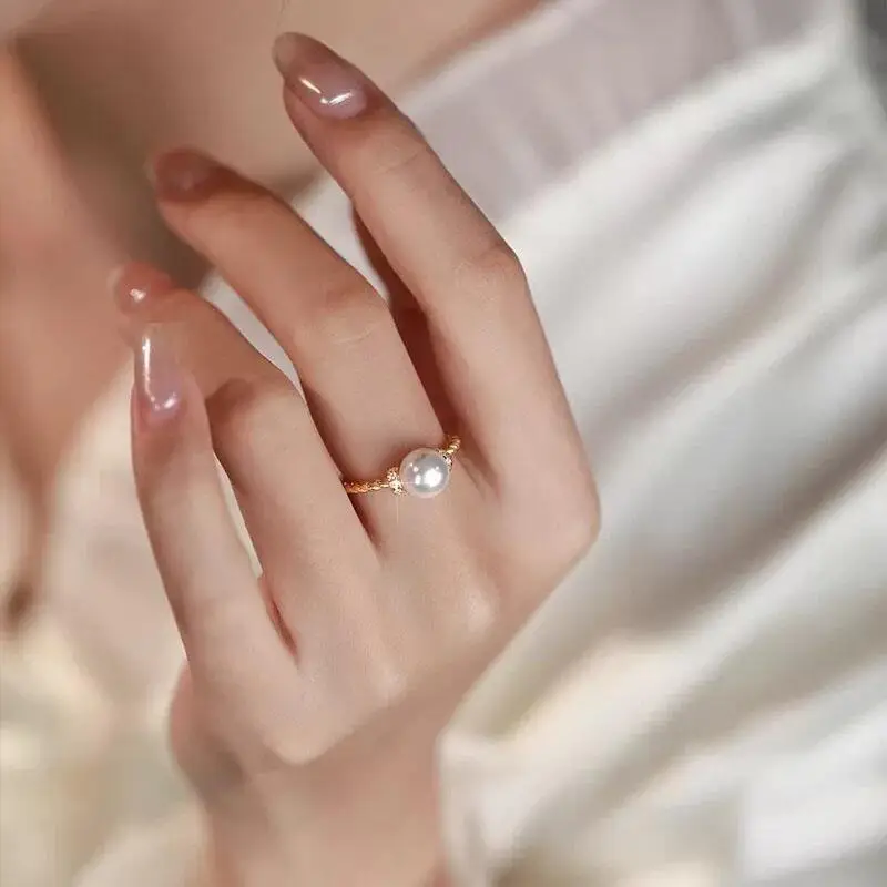 Natural Pearl 925 Silver Fried Dough Twists 8-9mm Pearl Ring, Exquisite and Makes Hands Appear White, Adjustable Size